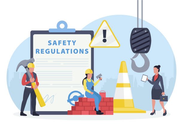 Vector of an OSHA inspector visiting construction site to assure occupational safety and health of workers on the job.